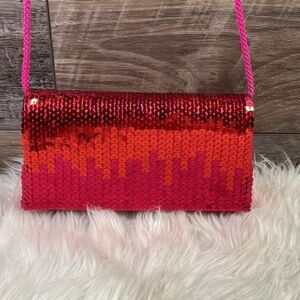 Jessica Mcclintock Satin Sequined Reddish Pink Shoulder Evening Bag Purse